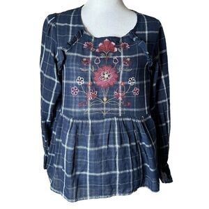 Blue Rain Plaid Tunic Top Womens M Embroidered Long Sleeve Blue‎ BOHO Peasant